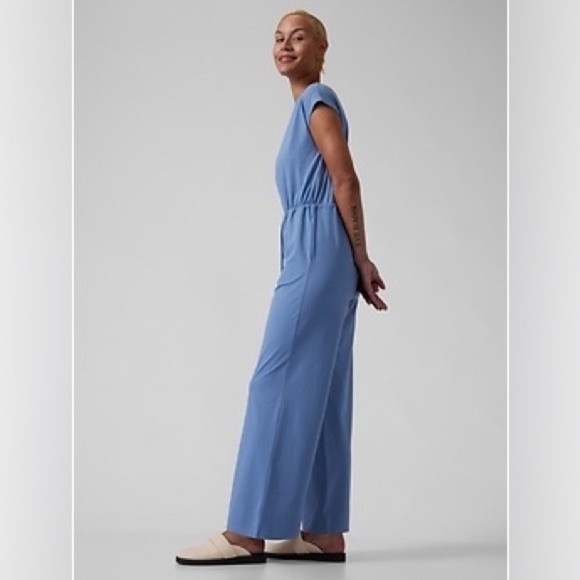 Athleta Willow Jumpsuit Cottage Blue Wide Leg V-Neck Supima Cotton Size XXS New - Picture 2 of 11